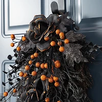 Glitzhome 28"H Halloween Black Rose And Berry Swag Wall Sign