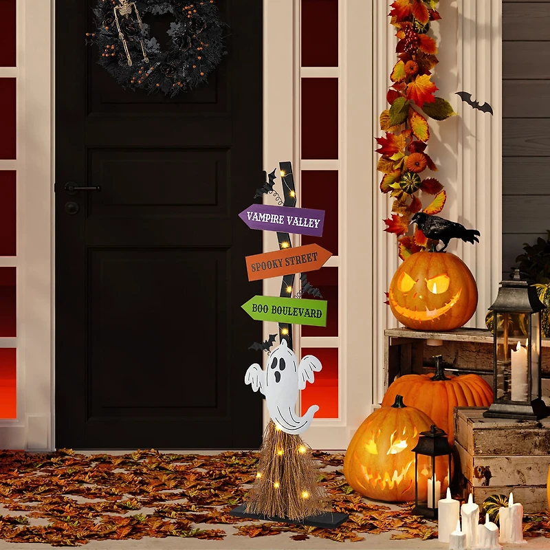 Glitzhome 42"H Lighted Wooden Ghost'S Broom Halloween Porch Sign