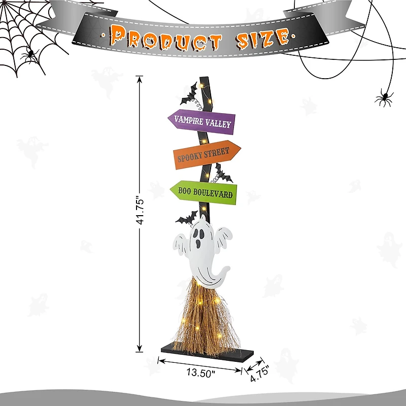 Glitzhome 42"H Lighted Wooden Ghost'S Broom Halloween Porch Sign
