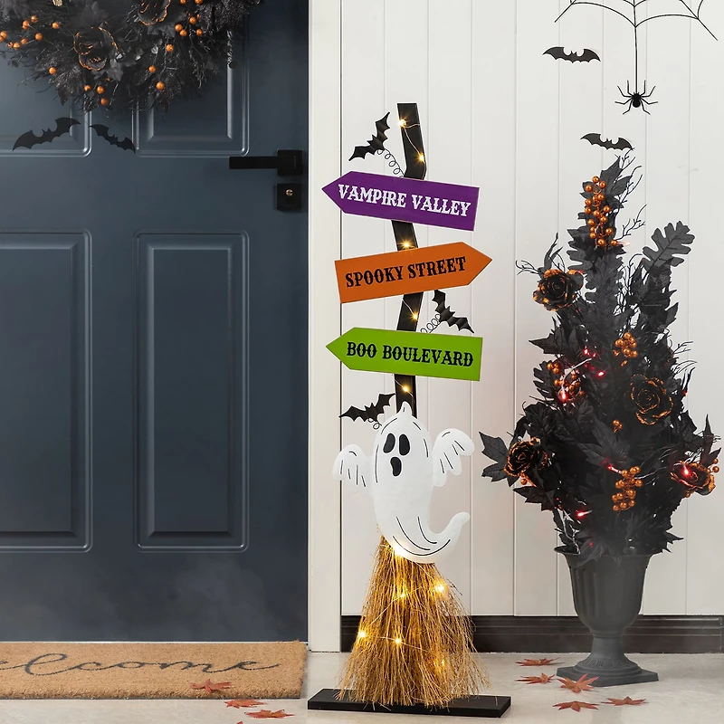Glitzhome 42"H Lighted Wooden Ghost'S Broom Halloween Porch Sign
