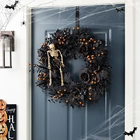 Glitzhome 24"D Halloween Black Rose, Skeleton And Berry Wreath Wall Sign