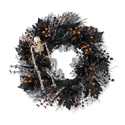 Glitzhome 24"D Halloween Black Rose, Skeleton And Berry Wreath Wall Sign