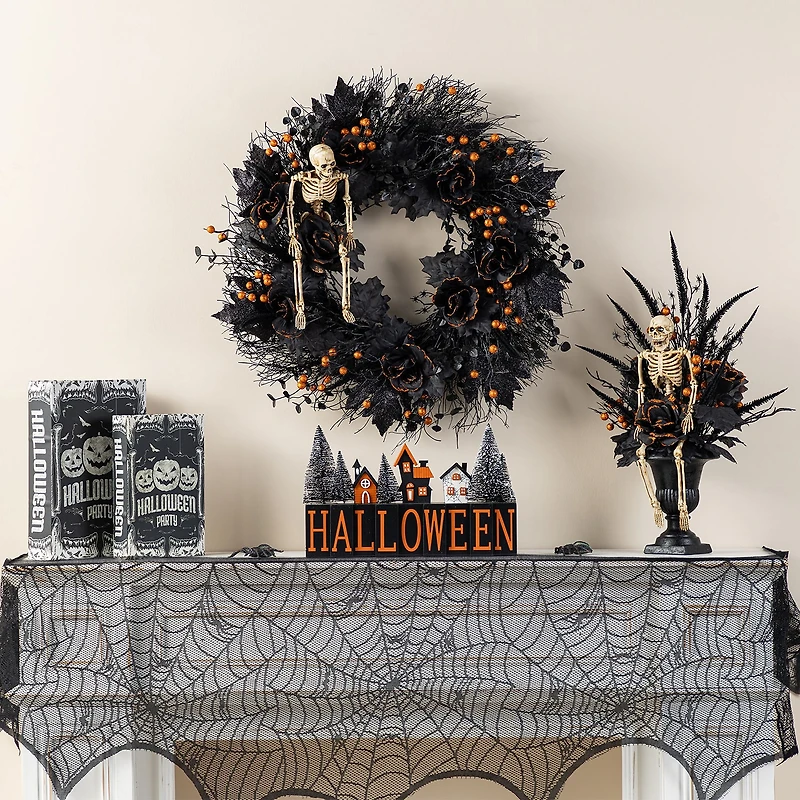 Glitzhome 24"D Halloween Black Rose, Skeleton And Berry Wreath Wall Sign