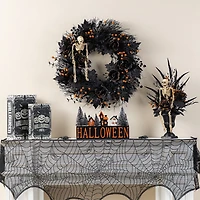 Glitzhome 24"D Halloween Black Rose, Skeleton And Berry Wreath Wall Sign