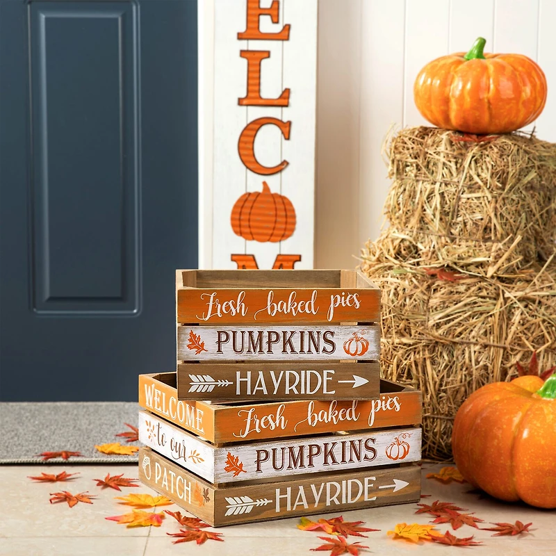 Glitzhome Set Of 2 Wooden Pumpkin Crate Decorative Box