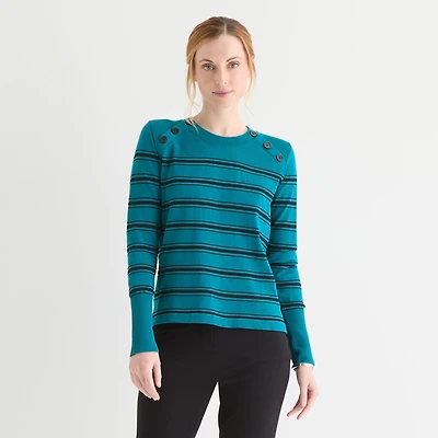 Liz Claiborne Tall Womens Crew Neck Long Sleeve Striped Pullover Sweater