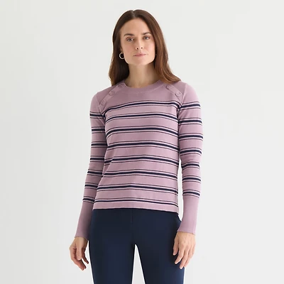 Liz Claiborne Tall Womens Crew Neck Long Sleeve Striped Pullover Sweater