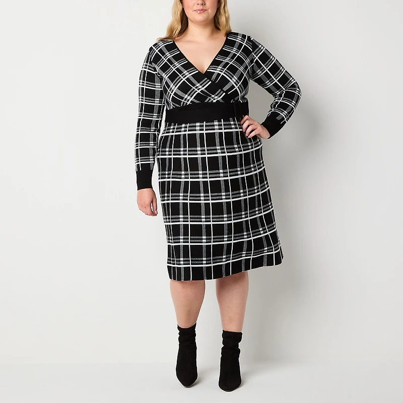 Robbie Bee Womens Plus Long Sleeve Plaid Midi Sweater Dress