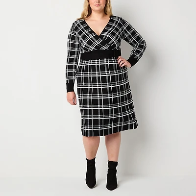 Robbie Bee Womens Plus Long Sleeve Plaid Midi Sweater Dress
