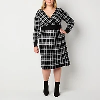 Robbie Bee Womens Plus Long Sleeve Plaid Midi Sweater Dress