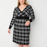 Robbie Bee Womens Plus Long Sleeve Plaid Midi Sweater Dress