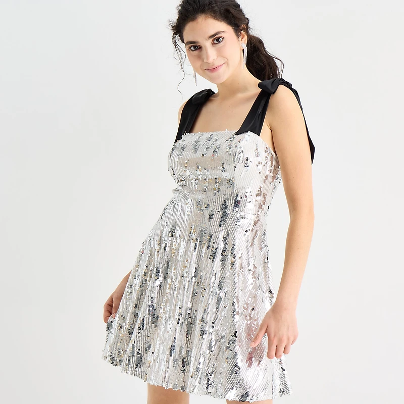 by&by Womens Juniors Square Neck Sleeveless Sequin Fit + Flare Dress