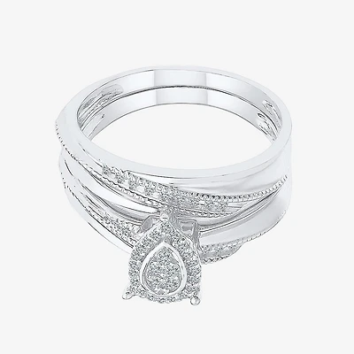 Womens 1/5 CT. Natural White Diamond Sterling Silver Pear Halo Bridal Set