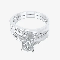 Womens 1/5 CT. Natural White Diamond Sterling Silver Pear Halo Bridal Set