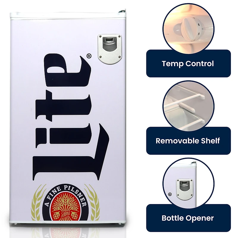 Miller Lite Compact Fridge with Bottle Opener- 90 L/ 95 Qt 3.2 Cu Ft