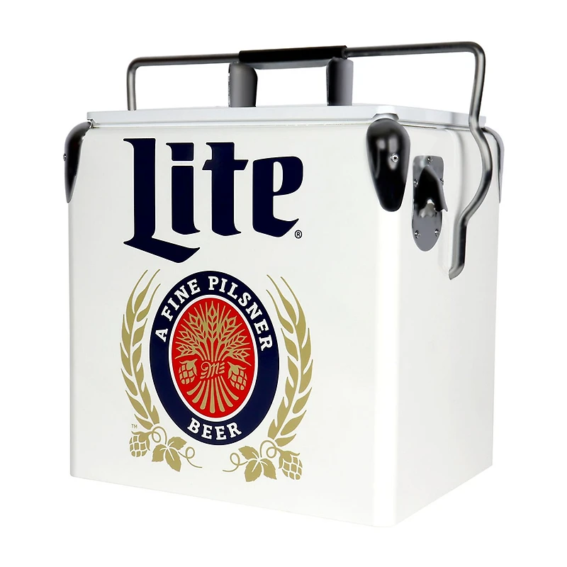 Miller Lite Retro Ice Chest Cooler with Bottle Opener 13L (14 qt)- White and Blue