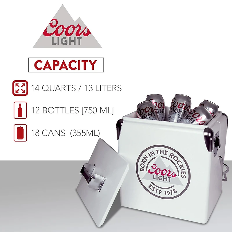 Coors Light Retro Ice Chest Cooler with Bottle Opener 13L (14 qt)- White and Silver