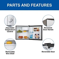 Stainless Steel Compact Fridge with Freezer- 1.6 cu ft (44L)- Silver and Black Reversible Door