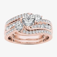 Love Lives Forever Womens 1 1/4 CT. T.W. Natural White Diamond 14K Gold Round 3-Stone Bypass  Bridal Set