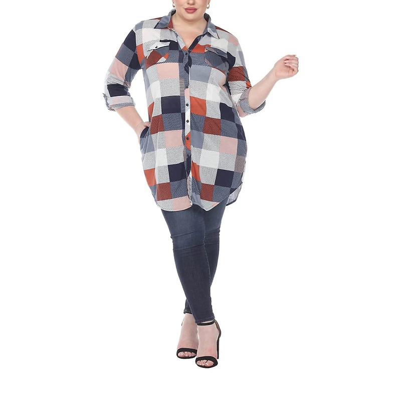 White Mark Womens Plus Roll Tab Long Sleeve Regular Fit Stretch Fabric Button-Down Shirt