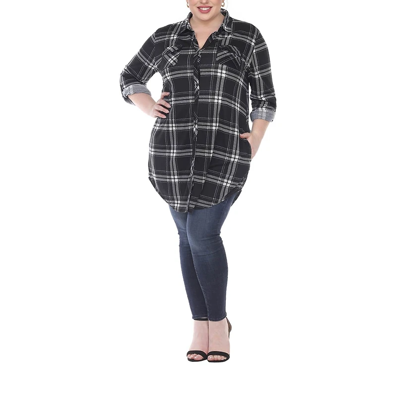 White Mark Womens Plus Roll Tab Long Sleeve Loose Fit Stretch Fabric Button-Down Shirt