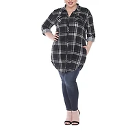 White Mark Womens Plus Roll Tab Long Sleeve Loose Fit Stretch Fabric Button-Down Shirt
