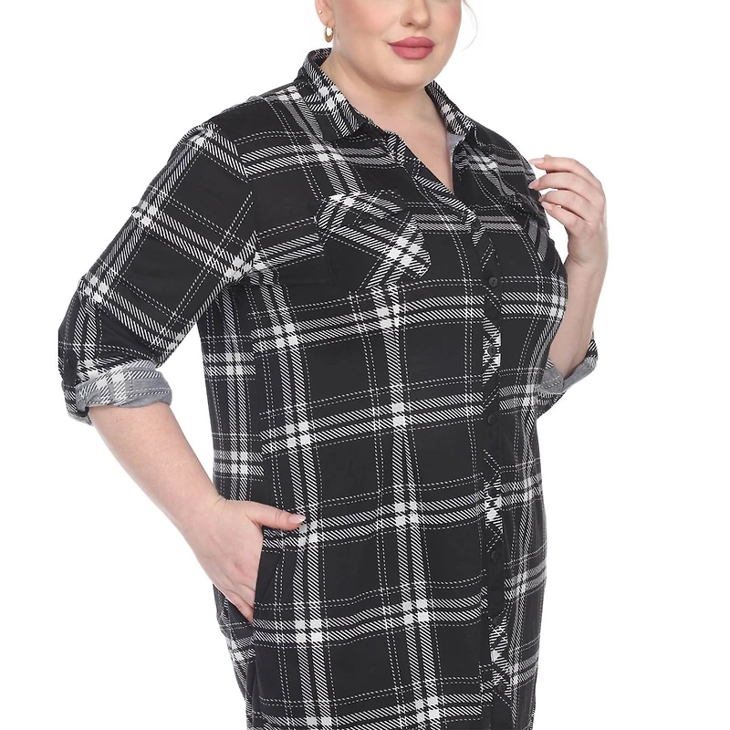 White Mark Womens Plus Roll Tab Long Sleeve Loose Fit Stretch Fabric Button-Down Shirt