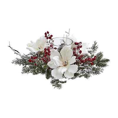 Nearly Natural Magnolia & Berry Arrangement Candelabrum Christmas Tabletop Decor