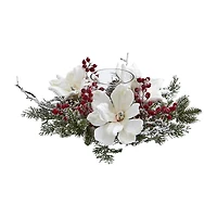 Nearly Natural Magnolia & Berry Arrangement Candelabrum Christmas Tabletop Decor