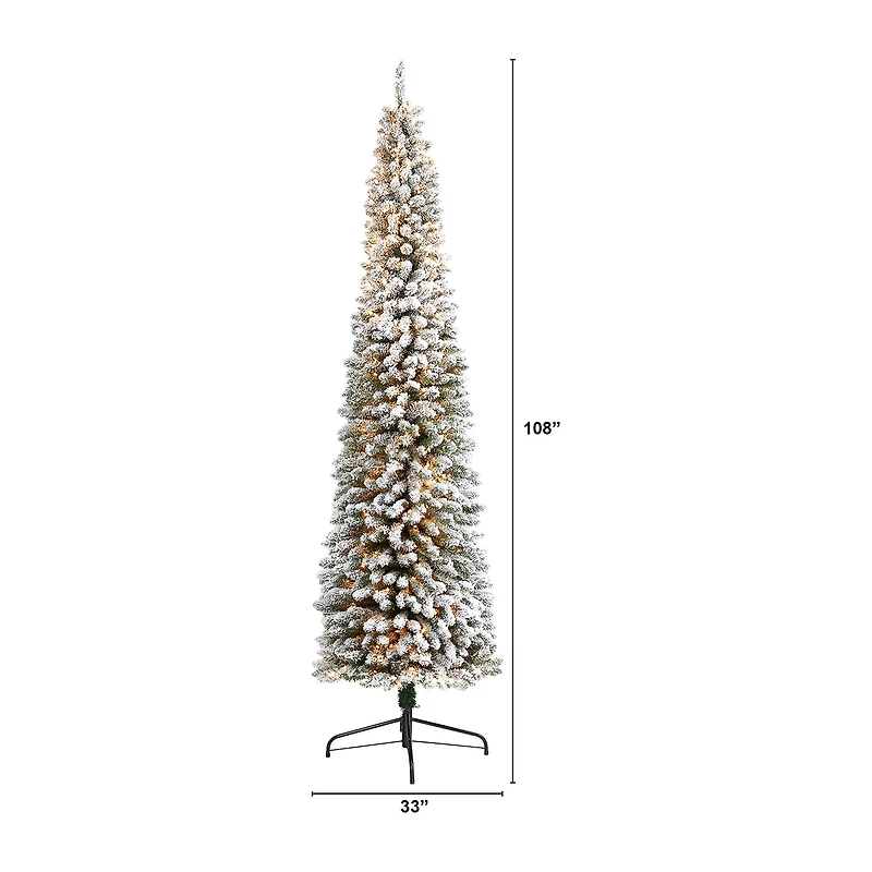 Nearly Natural Flocked Pencil Faux 9 Foot Pre-Lit Christmas Tree
