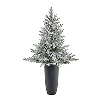 Nearly Natural Flocked Fraser 5 Foot Pre-Lit Fir Christmas Tree