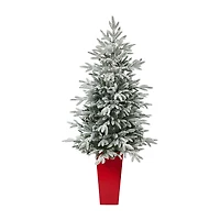 Nearly Natural Flocked In Planter 5 Foot Pre-Lit Spruce Christmas Tree