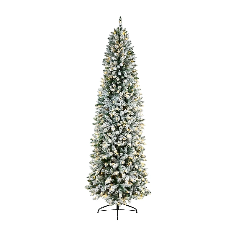 Nearly Natural Slim Flocked Faux 8 Foot Pre-Lit Fir Christmas Tree