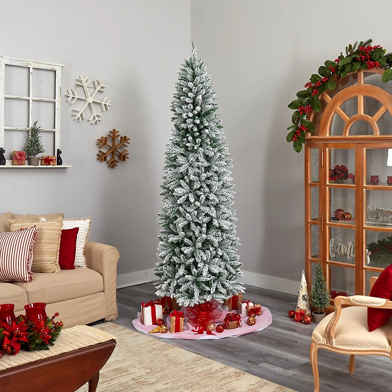 Nearly Natural Slim Flocked Faux 8 Foot Pre-Lit Fir Christmas Tree