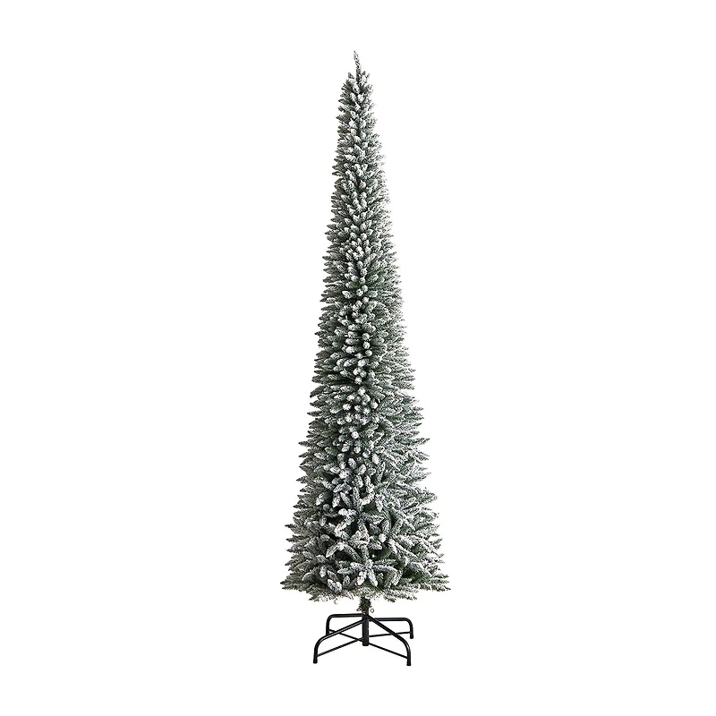 Nearly Natural Flocked Pencil Faux 12 Foot Pre-Lit Christmas Tree