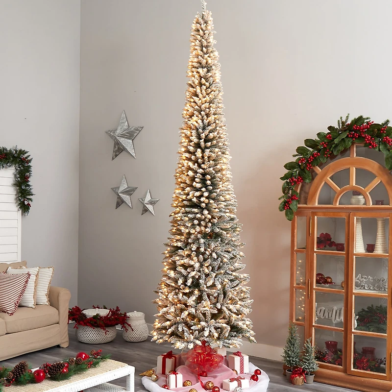 Nearly Natural Flocked Pencil Faux 12 Foot Pre-Lit Christmas Tree
