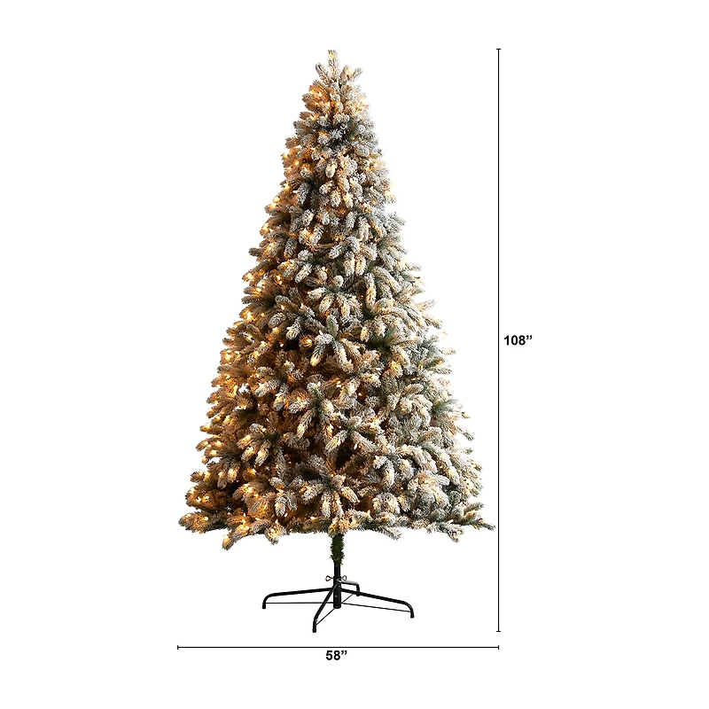 Nearly Natural Flocked Faux 9 Foot Pre-Lit Spruce Christmas Tree