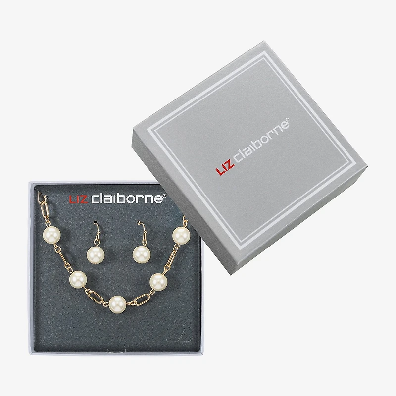 Liz Claiborne Gold Tone Collar Necklace And Drop Earring Womens White Simulated Pearl Round 2-pc. Jewelry Set