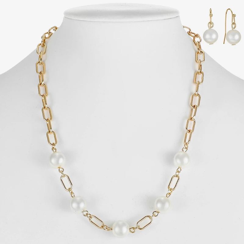 Liz Claiborne Gold Tone Collar Necklace And Drop Earring Womens White Simulated Pearl Round 2-pc. Jewelry Set