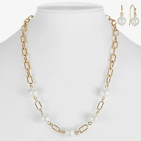 Liz Claiborne Gold Tone Collar Necklace And Drop Earring Womens White Simulated Pearl Round 2-pc. Jewelry Set