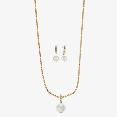 Liz Claiborne Gold Tone Pendant Necklace And Drop Earring Womens White Simulated Pearl Round Hypoallergenic 2-pc. Jewelry Set
