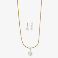 Liz Claiborne Gold Tone Pendant Necklace And Drop Earring Womens White Simulated Pearl Round Hypoallergenic 2-pc. Jewelry Set
