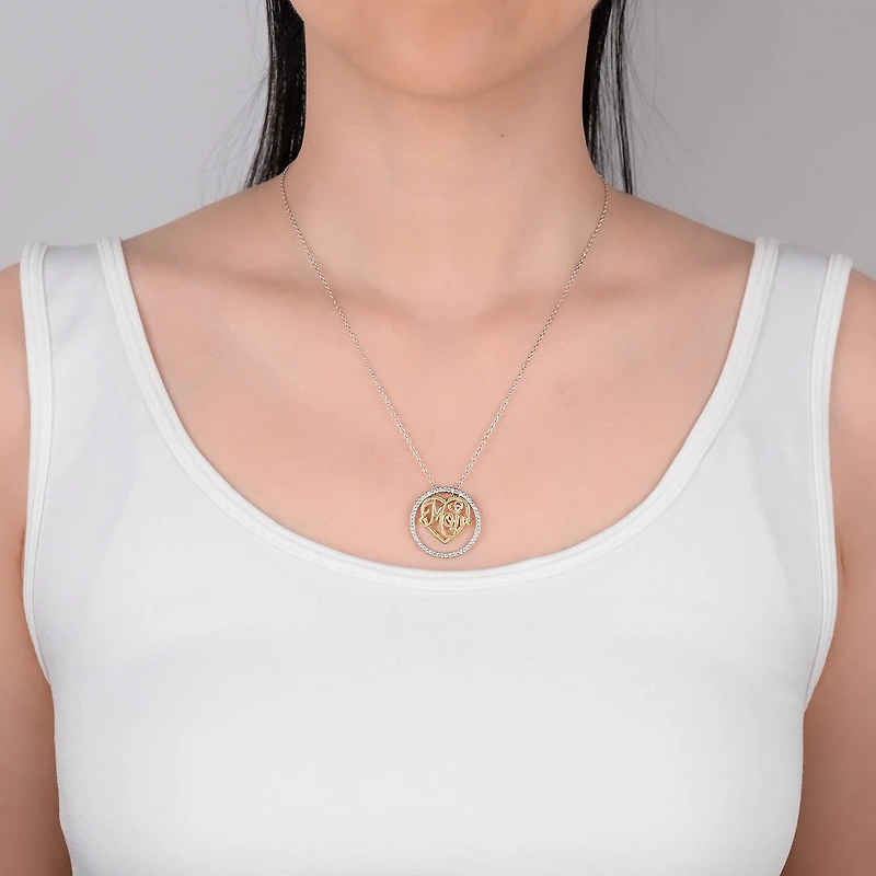 18K Gold over Silver 3-in-1 Cubic Zirconia Circle Heart "Mom" Necklace