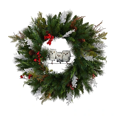 Nearly Natural 2' Winter Owl Pinecone Berry Faux Wreath