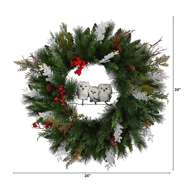Nearly Natural 2' Winter Owl Pinecone Berry Faux Wreath