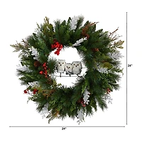 Nearly Natural 2' Winter Owl Pinecone Berry Faux Wreath