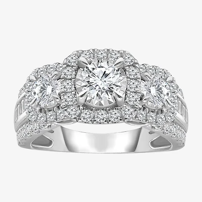 (I / I1) Love Lives Forever Womens 2 CT. T.W. Lab Grown White Diamond 10K or 14K Gold Cushion Side Stone 3-Stone Engagement Ring