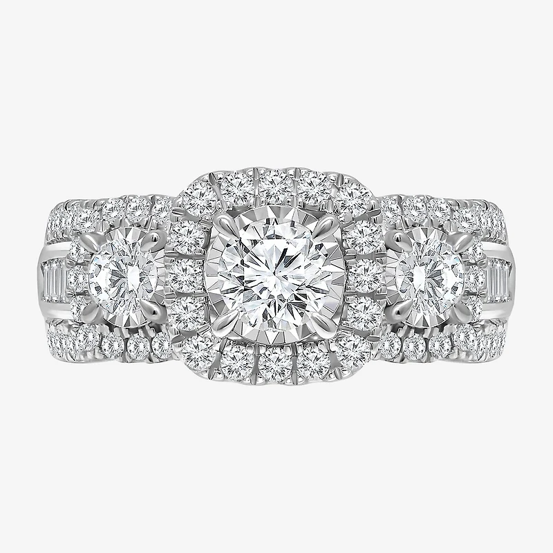 (I / I1) Love Lives Forever Womens 2 CT. T.W. Lab Grown White Diamond 10K or 14K Gold Cushion Side Stone 3-Stone Engagement Ring