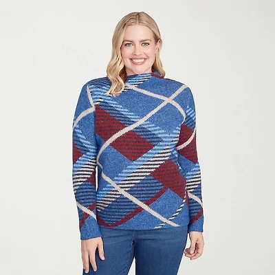 Alfred Dunner Sunset Canyon Womens Mock Neck Long Sleeve Plaid Pullover Sweater