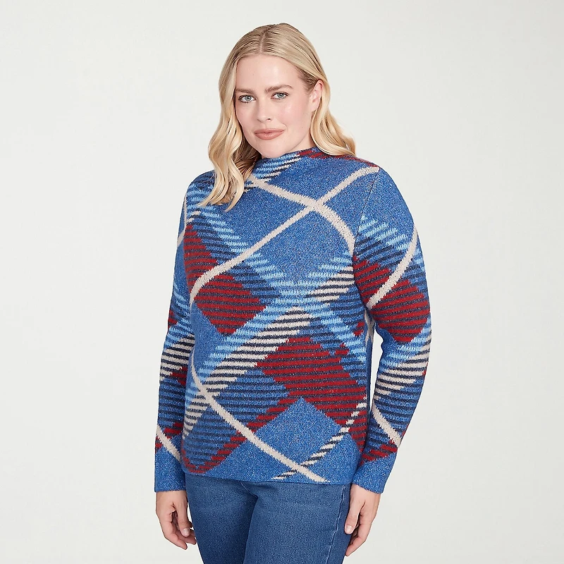 Alfred Dunner Sunset Canyon Womens Mock Neck Long Sleeve Plaid Pullover Sweater